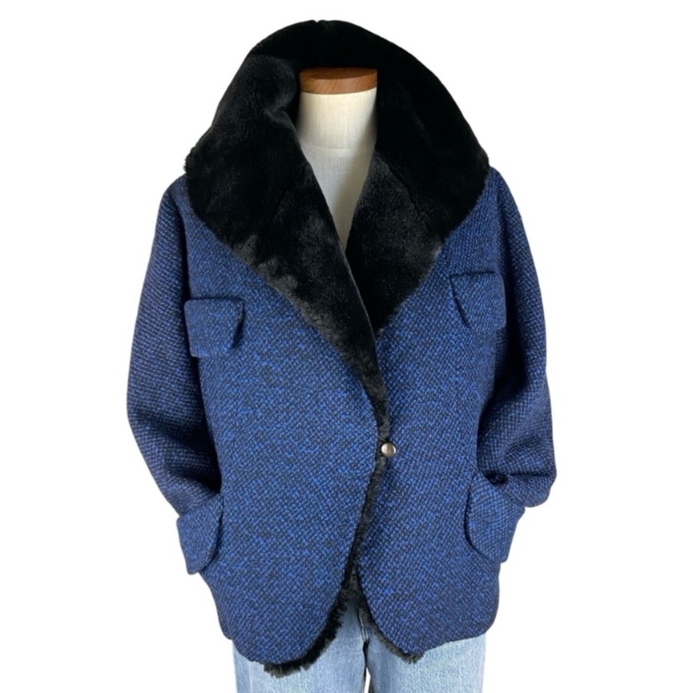 Vintage Blue Tweed Black Faux Fur Short Coat Jacket by Evans